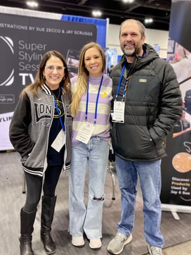 Elly Linam standing for a photo with Sue Zecco and Jay Scruggs of Super Styling Sessions